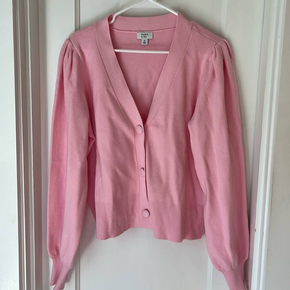 NWOT precious pink puff sleeve v neck cardigan size XL Crown & Ivy